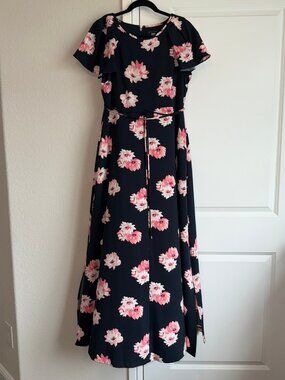 Tommy Hilfiger Blue Maxi Dress with Pink Flowers with Pockets - Size 10